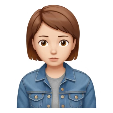 a woman with a brown short hair, looking at the left, worried, wearing a denim jacket, only upper body, high quality sticker