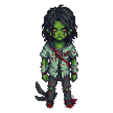boy zombie with long black wolf cut hair, pixel art style sticker