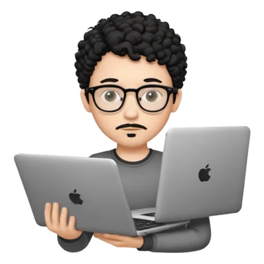 A young boy DEVELOPER WITH A laptop, black curly short hair, wearing glasses, a thin goatee, his skin is white sticker