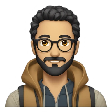 Arabic man, very short black hair, round hipster glasses, dark beard and mustache, round-ish face, brown eyes, beautiful smile, beautiful clothes inspired by neo tokyo sticker