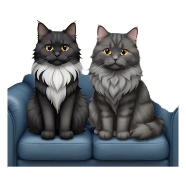 A large black smoke Maine Coon cat with long grey ear tufts and a fluffy grey ruff, sitting next to a chubby British Shorthair cat in blue color with plush fur, both sitting comfortably on a leather sofa. Beautiful room background with flowers and soft lighting. Transparent background. sticker