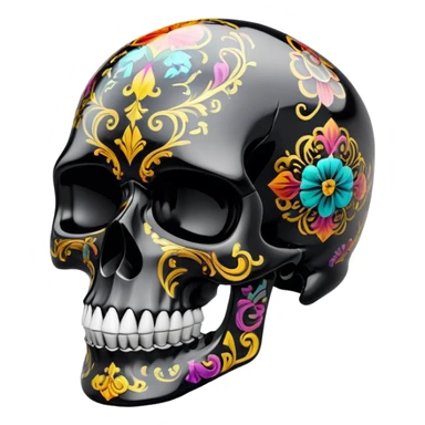 high-end glossy black skull with intricate luxury brand pattern, prismatic color accents inside skull only, professional street art quality, side view sticker