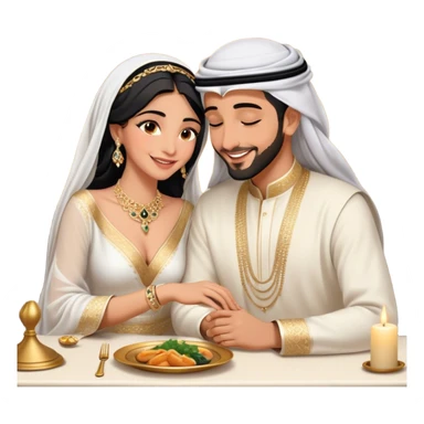 intimate moment a Arab couple at candlelit dinner. The woman, dressed in a sophisticated white gown with delicate jewelry, smiles as her partner, wearing a traditional black and gold bisht with a white ghutra, leans in to whisper or kiss her cheek. Their hands are gently intertwined on the table,M sticker