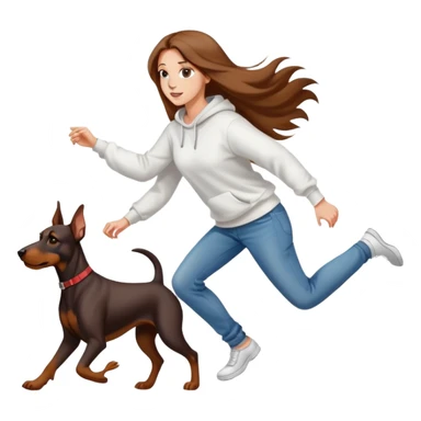 A beautiful girl with long hair wearing a white sweatshirt and jeans is chasing Doberman sticker