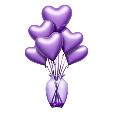 "A cluster of metallic heart-shaped balloons in varying shades of purple, floating beside a sleek glass vase filled with matching roses."
 sticker