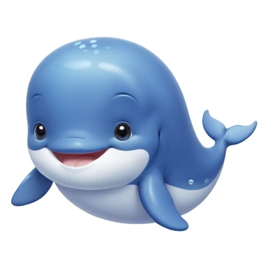 Cinematic happy baby whale, chubby rounded body, tiny smiling face, soft pastel blue hues, gentle glowing waves around, joyful and soothing. sticker