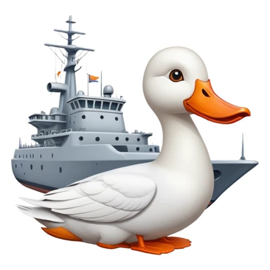 A cartoon military ship with planes on the deck and a large white goose head with orange bill at the front sticker