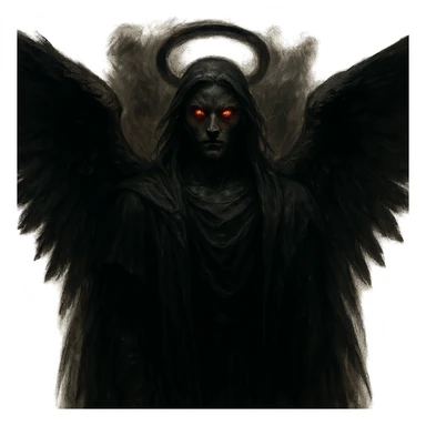 A dark angel with glowing red eyes and a dark halo, in a dark, supernatural fantasy style. sticker