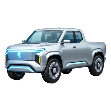A futuristic electric pickup truck emoji, silver chrome body, angular cyber design, smooth metallic panels, subtle reflections, minimalistic proportions, iOS emoji style, centered composition, clean white background, soft lighting sticker