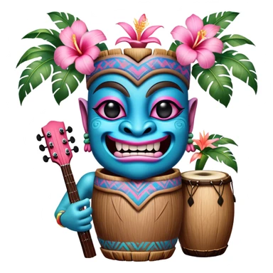 Pixar style little Blue and pink tiki singing with bongos and tropical flowers, ultra detailed and lifelike imagery, realistic sticker