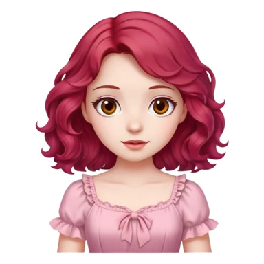 A pale girl with cherry red wavy hair and brown eyes, wearing a pink cute dress. sticker