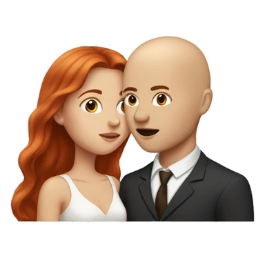 Couple kissing each other, girl is pale with red long hair and man has no hair and is white brown eyebrows sticker