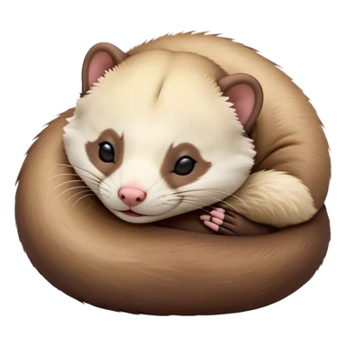 Meme-Worthy Cute Sleeping sable ferret Portrait Emoji, Head resting peacefully with a contented smile, showcasing a long, flexible body curled up in cozy repose, luxuriously soft fur in warm brown and cream, and eyes gently closed in serene slumber, Simplified yet hilariously adorable features, highly detailed, glowing with a soft, drowsy natural light, high shine, relaxed and utterly lovable, stylized with an air of playful laziness, bright and heartwarming, soft glowing outline, capturing the essence of a sleeping sable ferret that feels destined to become the next viral sensation of adorable rest! sticker