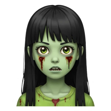 Zombie emoji girl, light green skin, black straight long hair with bangs sticker