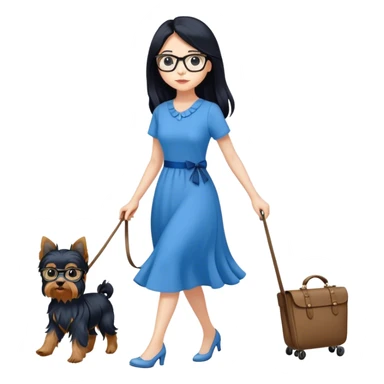 pale female with long black hair, wearing glasses and blue dress walking yorkie sticker