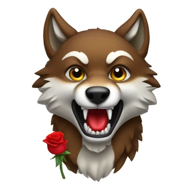 A red wolf with white fangs holds a rose sticker