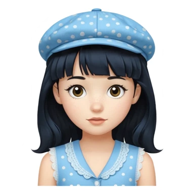 pinterst girl with heavy bang, black long hair and black pica dot newsboy cap on her hat, wearing baby blue color lace sleeveless  sticker