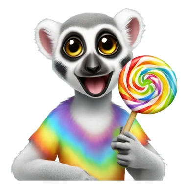 Lemur with a big circular rainbow lollipop sticker