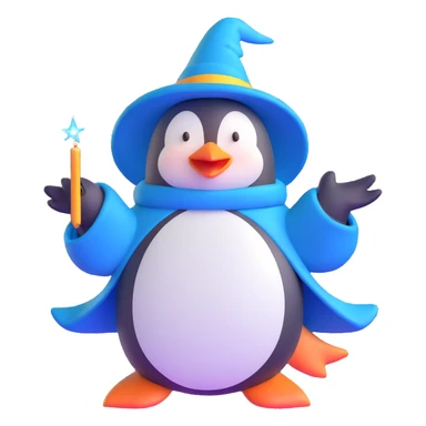 penguin wizard casting a spell with sparkles around sticker