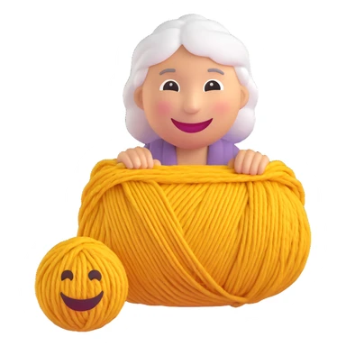 3D smiley emoji, round shape, grandmother with yarn, pink color, smiling face sticker