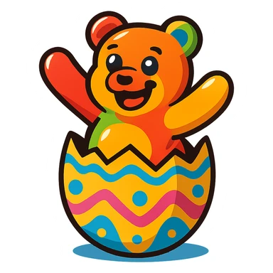 a cheerful gummy bear halfway out of a decorated Easter egg, bright colors, fun mood, playful, simple background sticker
