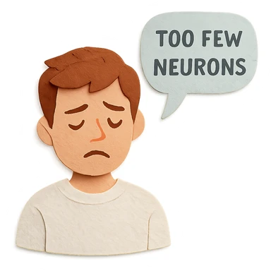 guy in white jumper, speech bubble 'too few neurons' sticker