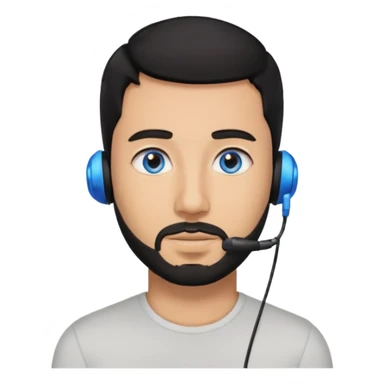 Man 30, black short hair, blue eyes and black short bears, on earpiece sticker