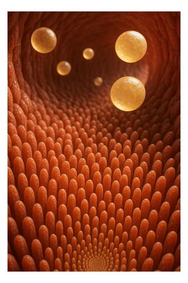 VILLI INTESTINALI CON CELLULE DI GRASSO CHE CI FLUTTUANO SOPRA, INTERNO REALISTICO DI UN INTESTINO, IPERREALISTICO 4K sticker