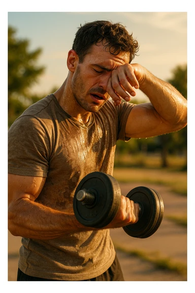 uomo fitness che si allena in estate, tutto sudato, con una mano fa un curl manubri mentre con l'altra mano si asciuga il sudore dalla fronte, espressione affaticata in volto sticker