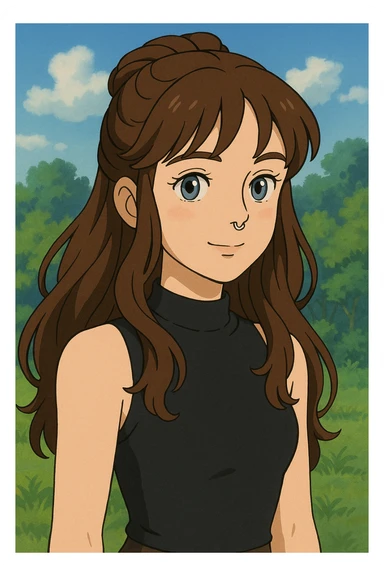 a woman with brunette half-up long wavy hair, blue-grey eyes, wearing a black high neck tank top, and a septum piercing, clean illustrative style sticker