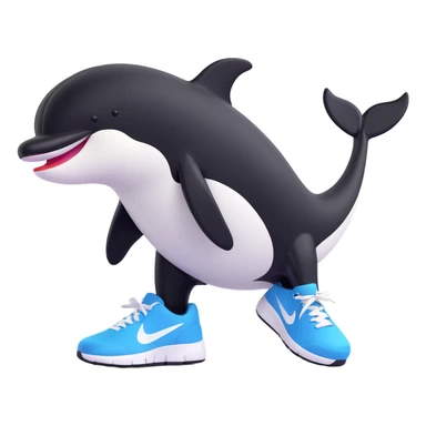 full body playful orca wearing black and white Nike sneakers, focus on shoes, clean background sticker