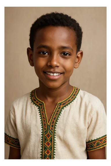 Ethiopian young boy, friendly expression, short curly hair, traditional shirt, neutral background sticker