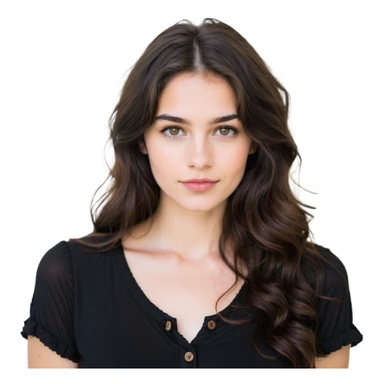 27 year old Caucasian woman with fair skin, brown eyes, long wavy dark brown hair, wearing a black top with a button sticker