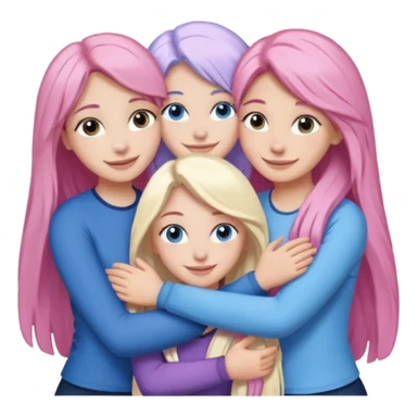 four white grips hugging and smiling    2 girls with brown eyes and long dark brown hair. One girl with long light pink hair and blue eyes, one girl with blue eyes and light blonde hair sticker