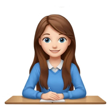 high school class room with a pretty female high school student with long brown hair, blue eyes sitting in front of the blackboard sticker