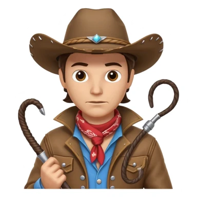 cowboy with a whip portrait, head and shoulders only, cowboy hat, bandana, western jacket collar, whip coiled over shoulder, confident expression, 3D cartoon, mobile game icon style, clean background, no text, no watermark
 sticker