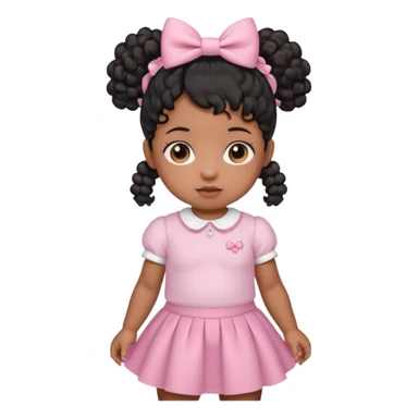 a brown skin baby with curly hair and a baby pink skirt and baby pink bows with her hair in pigtails and black hair sticker