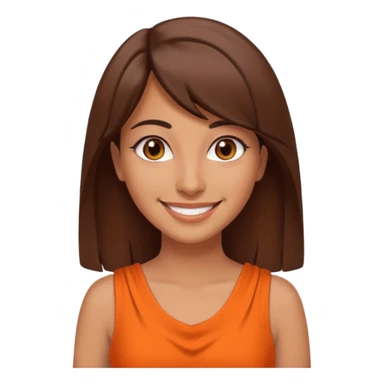 30 yr old middle eastern woman straight brown hair side bangs big smile tanned skin brown eyes orange dress sticker