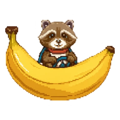 Change the car to a banana, keep the raccoon driving, in pixel art style. sticker