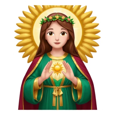 fullbody Virgin Mary front view gentle face long brown hair emerald green robe with gold stars burgundy dress hands in blessing halo big sun behind colorful roses on the sides sticker