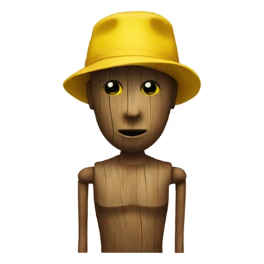 a wood mannequin with no legs and a yellow hat sticker