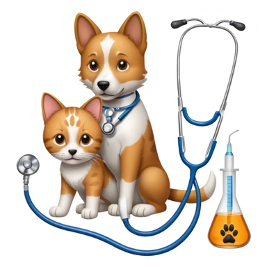 An icon featuring a stethoscope, a paw print, and a syringe, symbolizing veterinary medicine. The design includes a dog and a cat, alongside medical tools, representing animal care, diagnosis, and treatment. Transparent background highlights the science of animal health and well-being. sticker