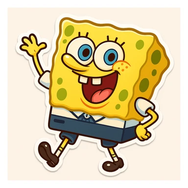 Create an emoji character inspired by Spongebob Squarepants, capturing the cheerful expression and playful pose from the reference photo. Use bright colors and a cartoon style that is playful and friendly, with a Spongebob-like vibe, suitable for chibi stickers style. sticker