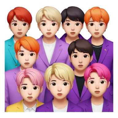 Cinematic Realistic group portrait of BTS featuring all 7 members in stylish modern attire, with detailed facial expressions and vibrant colors, captured in dynamic, contemporary lighting that emphasizes their global pop icon status sticker