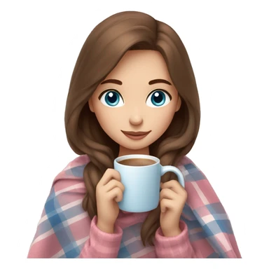 cute brown hair girl with blue eyes wrapped in pastel pink plaid blanket drinking coffee sticker