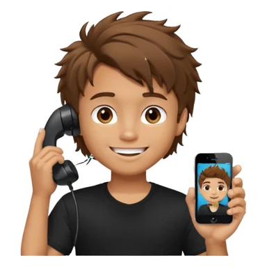 generate a pretty tan bratz boy with brown messy hair smiling while talking on call. Wearing a black tshirt sticker