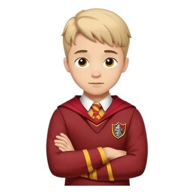 A young adult man slightly to the side looking forward with crossed arms wearing the Gryffindor uniform sticker