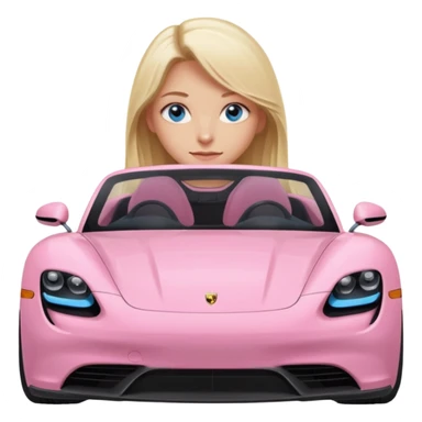 pink Porsche taycan with blonde girl, long hair, blue eyes, sitting in the car, front view point of view, no sunglasses sticker