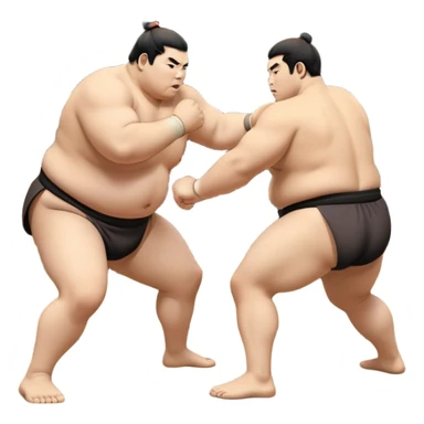 Two sumo wrestlers in a classic dohyo ring, each displaying powerful stances and ready to engage in a fierce match. One wrestler attempts a pushing attack, while the other counters with a thrust. The background shows the traditional sumo arena and spectators. Transparent background. sticker