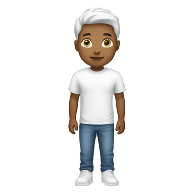 A boy with a withe tee sticker